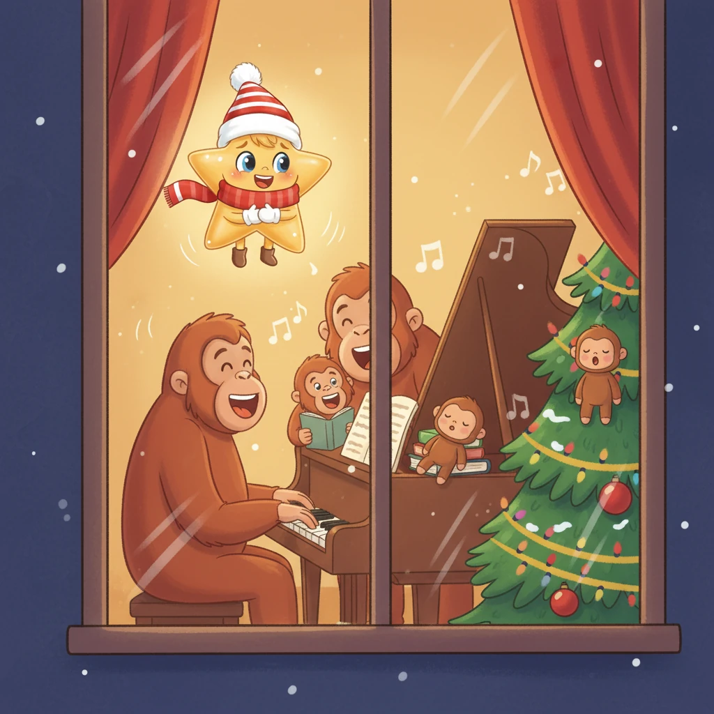 First, Twinkle flew to a cozy house where a family sang Christmas carols around a piano. The star absorbed the warmth of their harmonious voices and the pure, shared happiness filling the room, feeling it glow brighter within itself.