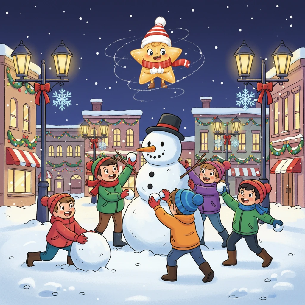 Next, Twinkle visited a bustling town square, where children giggled as they built a giant snowman. The star collected their innocent laughter and the playful delight from their snowball fight, adding to its growing spark.