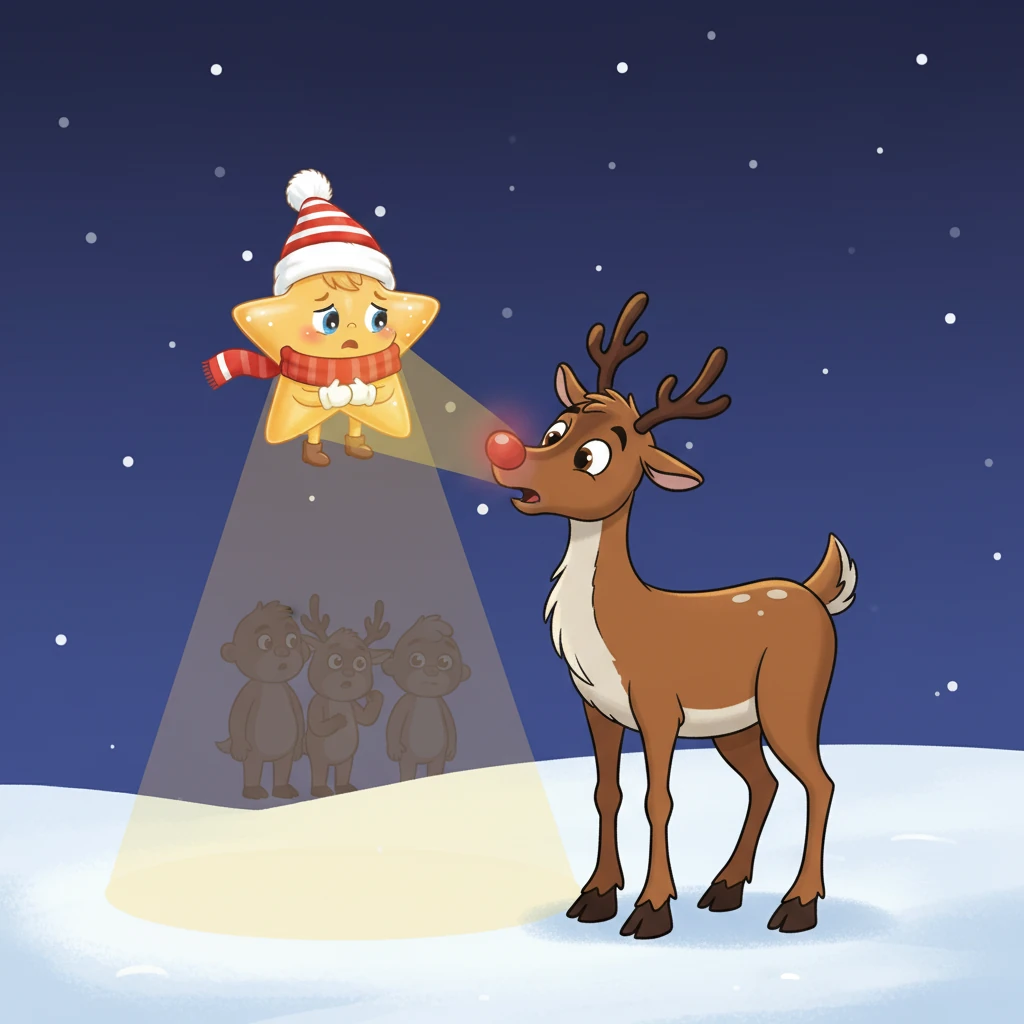 With its belly full of collected love, joy, laughter, and kindness, Twinkle zoomed back to Rudolph. The little star hovered right in front of Rudolph's dim nose, shining all its gathered light directly onto it.