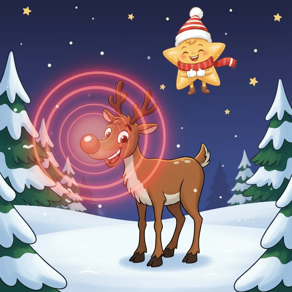 Suddenly, Rudolph's nose began to glow! First a flicker, then a steady pulse, growing brighter and brighter until it shone with its famous, brilliant red light once more. Rudolph smiled, his heart full of renewed joy, ready to lead the way.