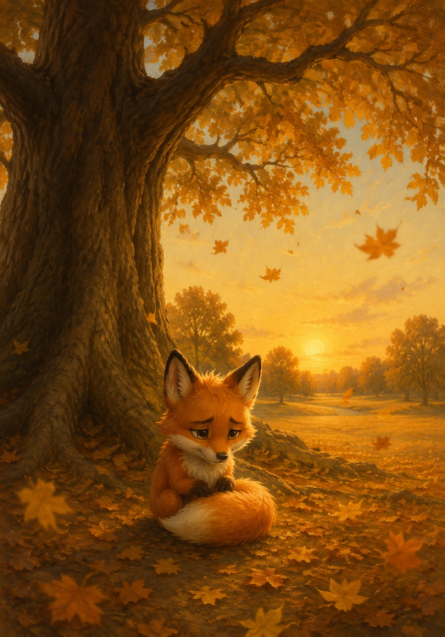 Jasper the little fox sat all by himself beneath the giant oak tree, watching the golden autumn leaves dance in the wind. The park was vast and beautiful, but Jasper often felt like he was the only one there with no one to play with. He sighed softly, tucking his fluffy tail around his paws as the afternoon sun began to dip.