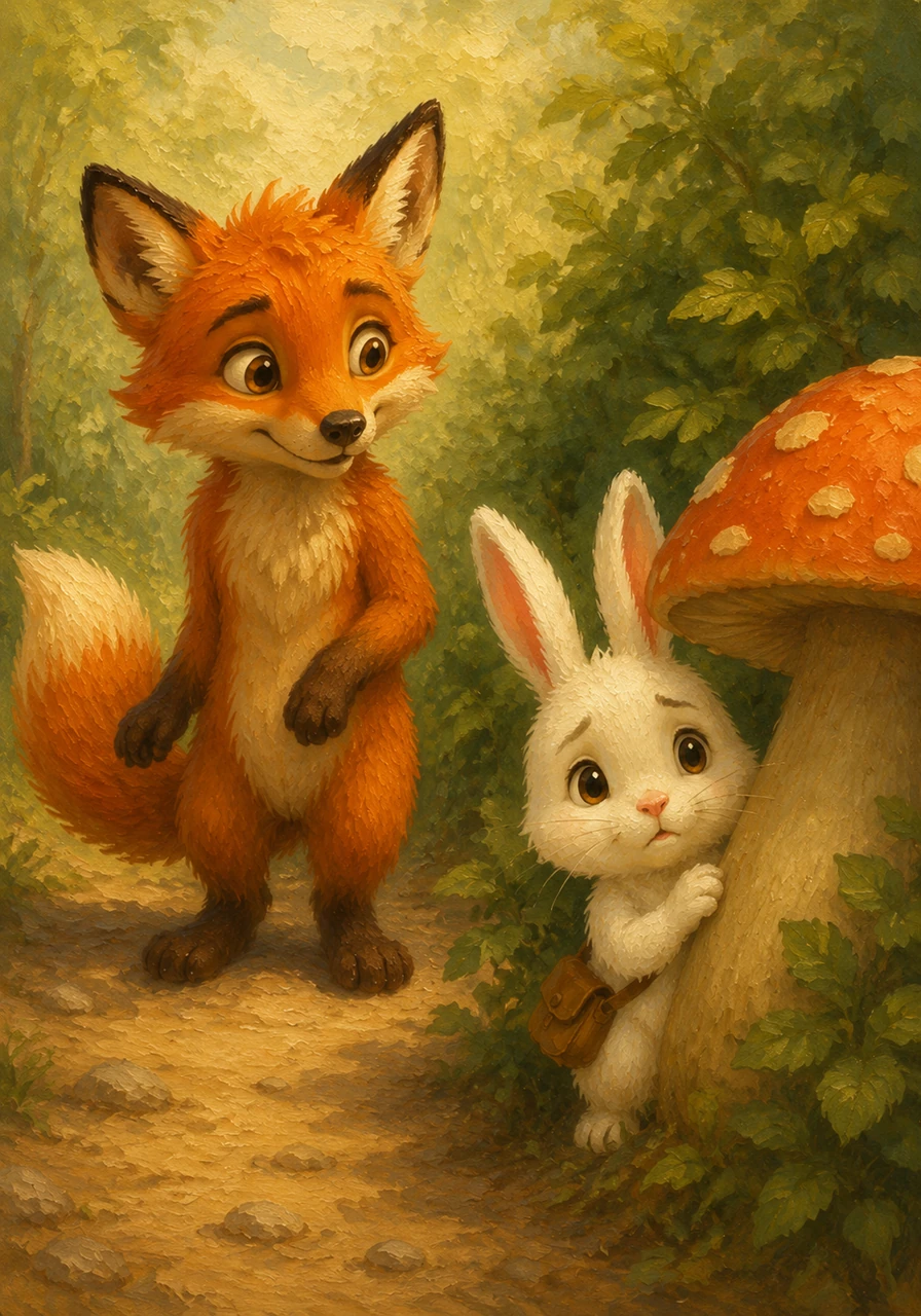Suddenly, a gentle rustling in the bushes caught Jasper's attention. A small, snowy-white bunny peeked out from behind a large mushroom, her long ears twitching with worry. Her whiskers trembled as she looked around the unfamiliar path, completely unsure of which way to go.