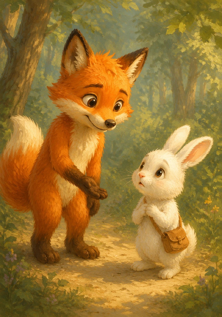 Jasper approached slowly so he wouldn't scare the little stranger. He offered a warm, gentle smile and introduced himself, asking the bunny if she was okay. The bunny looked up, relieved by his kind eyes, and whispered that her name was Clover and she had lost her way home.