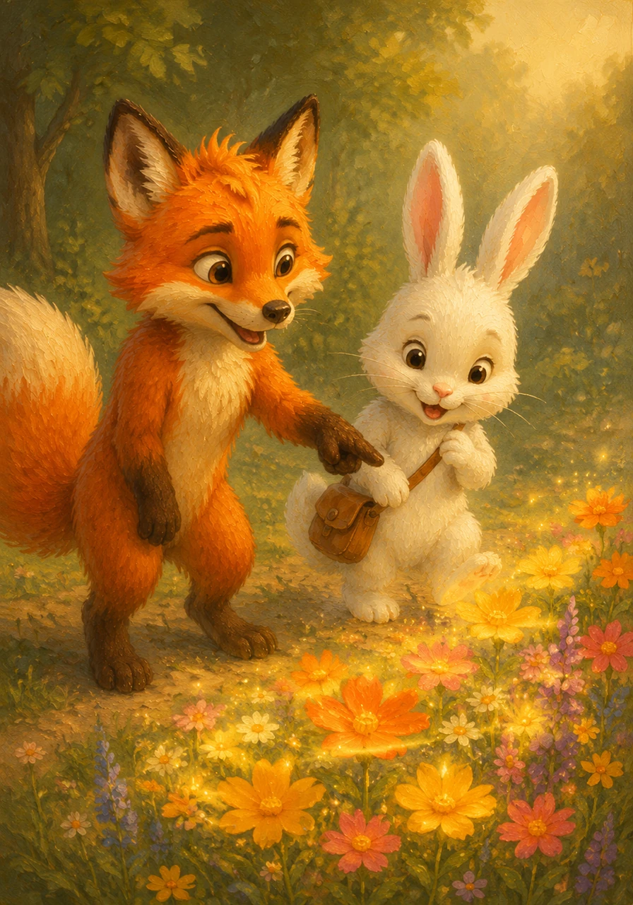 To cheer Clover up, Jasper pointed out a brilliant patch of glowing wildflowers nearby. He showed her how to gently press the pedals to release a sweet, calming scent into the air. Clover's tears quickly vanished, replaced by a bright smile as she realized this friendly fox wanted to help her.