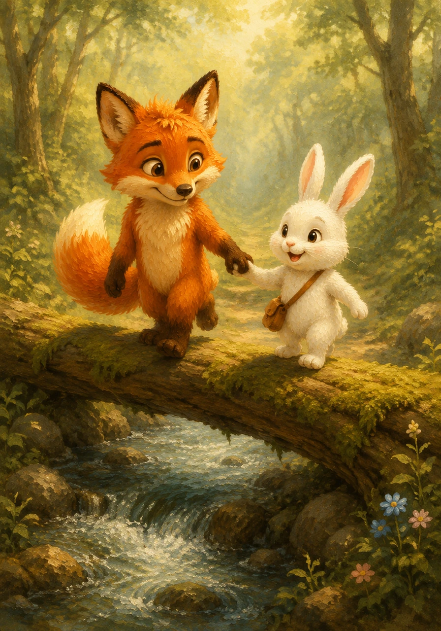 Together, the new friends set off on an adventure through the park to find Clover's home. Jasper led the way, carefully guiding Clover across a mossy log bridge that spanned a bubbling, crystal-clear stream. Clover held onto Jasper's paw for balance, feeling safer with every step they took together.