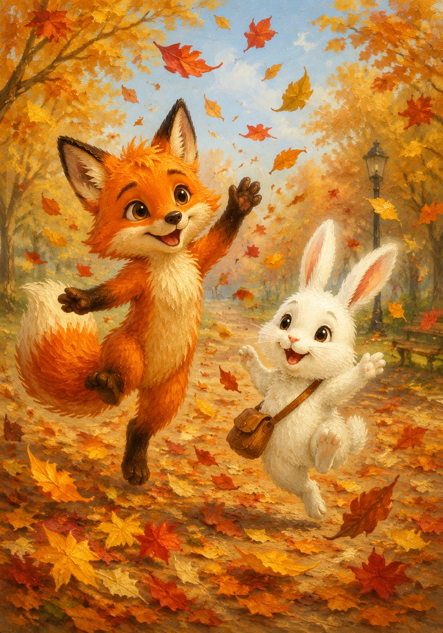As they walked, a sudden autumn breeze blew through the trees, sending a shower of colorful leaves swirling around them. Jasper and Clover couldn't help but laugh as they chased the spinning colors, leaping and twirling in the crisp air. For the first time in a very long time, the park didn't feel lonely at all.