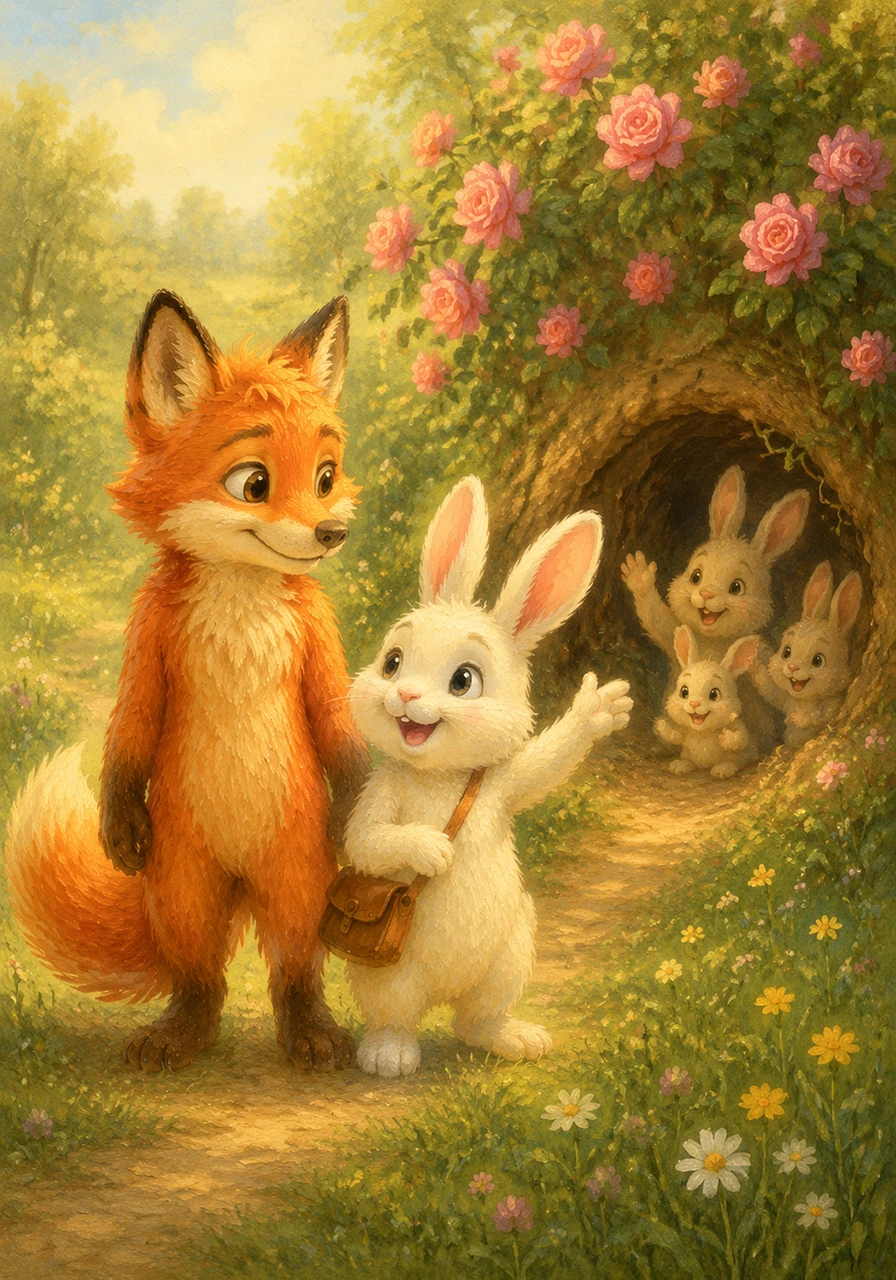 When they reached the edge of the sun-dappled meadow, Clover suddenly gasped with joy and pointed toward a cozy burrow hidden beneath a wild rosebush. Her family was waiting there, waving happily at the sight of her safely returning. Clover turned to Jasper, her heart full of gratitude for the brave fox who had guided her home.