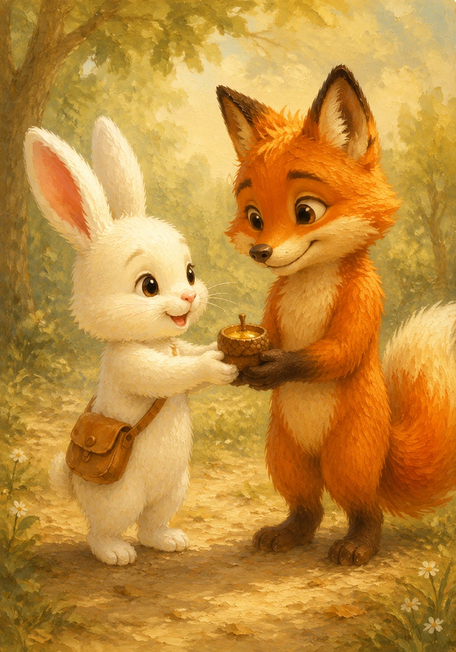 Before saying goodbye, Clover reached into her small satchel and pulled out a beautiful, shiny acorn cap she had found. She placed it gently in Jasper's paws as a special token of their new friendship. Jasper smiled warmly, promising to keep it safe with him always as a reminder of their wonderful afternoon.