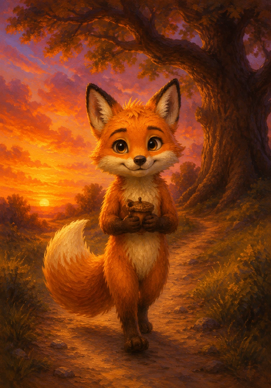 As the sun began to set, painting the sky in deep shades of purple and orange, Jasper walked back to his favorite oak tree. He held the acorn cap tightly, feeling a cozy warmth spread through his chest. He wasn't a lonely little fox anymore, because he knew he had a true friend waiting for him.
