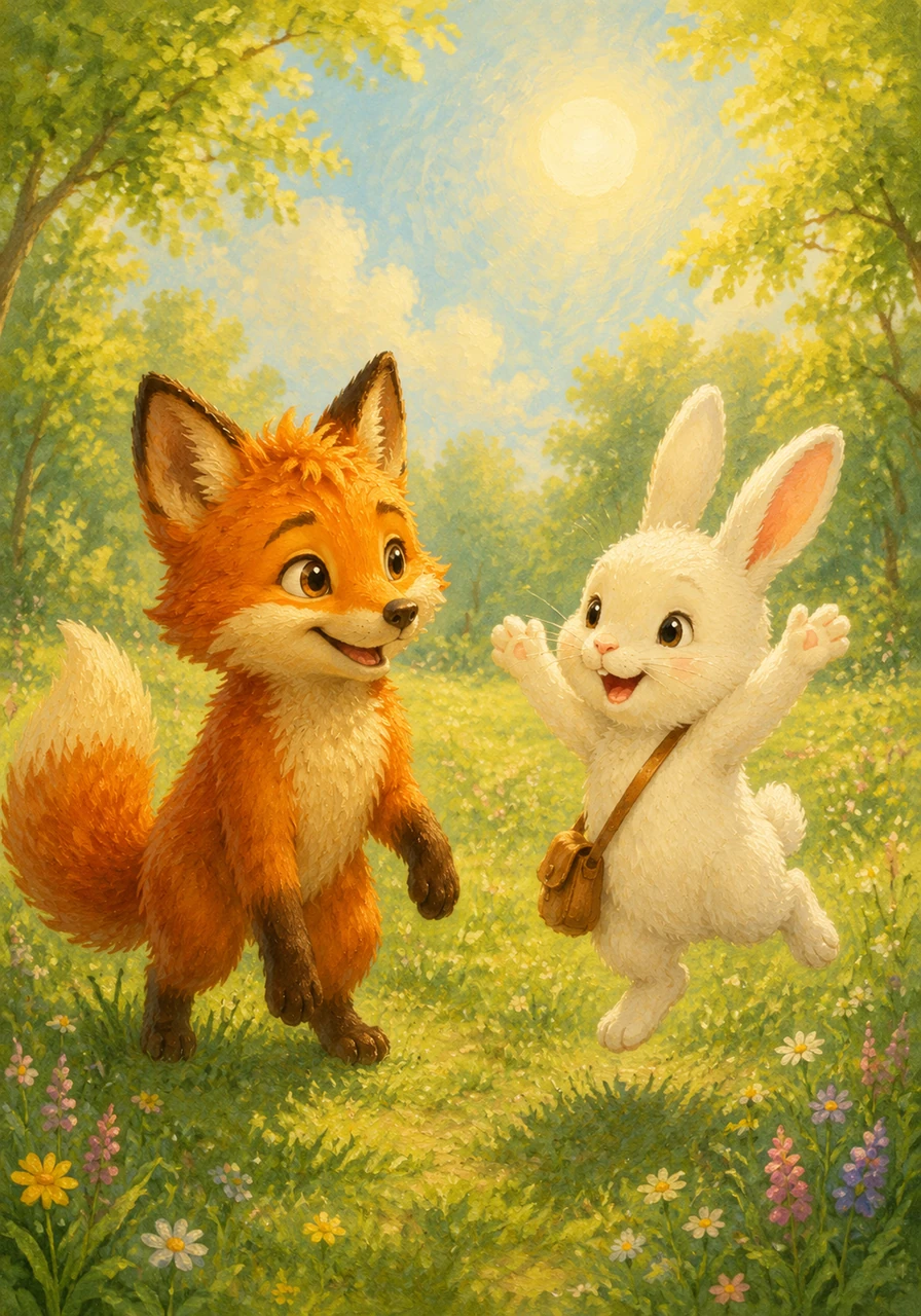 The next morning, Jasper returned to the meadow where the bright sun shone on the green grass. To his delight, Clover was already there, jumping up and down and waving her paws to greet him. From that beautiful day forward, the little fox and the lost bunny spent every single afternoon exploring the park together as best friends.