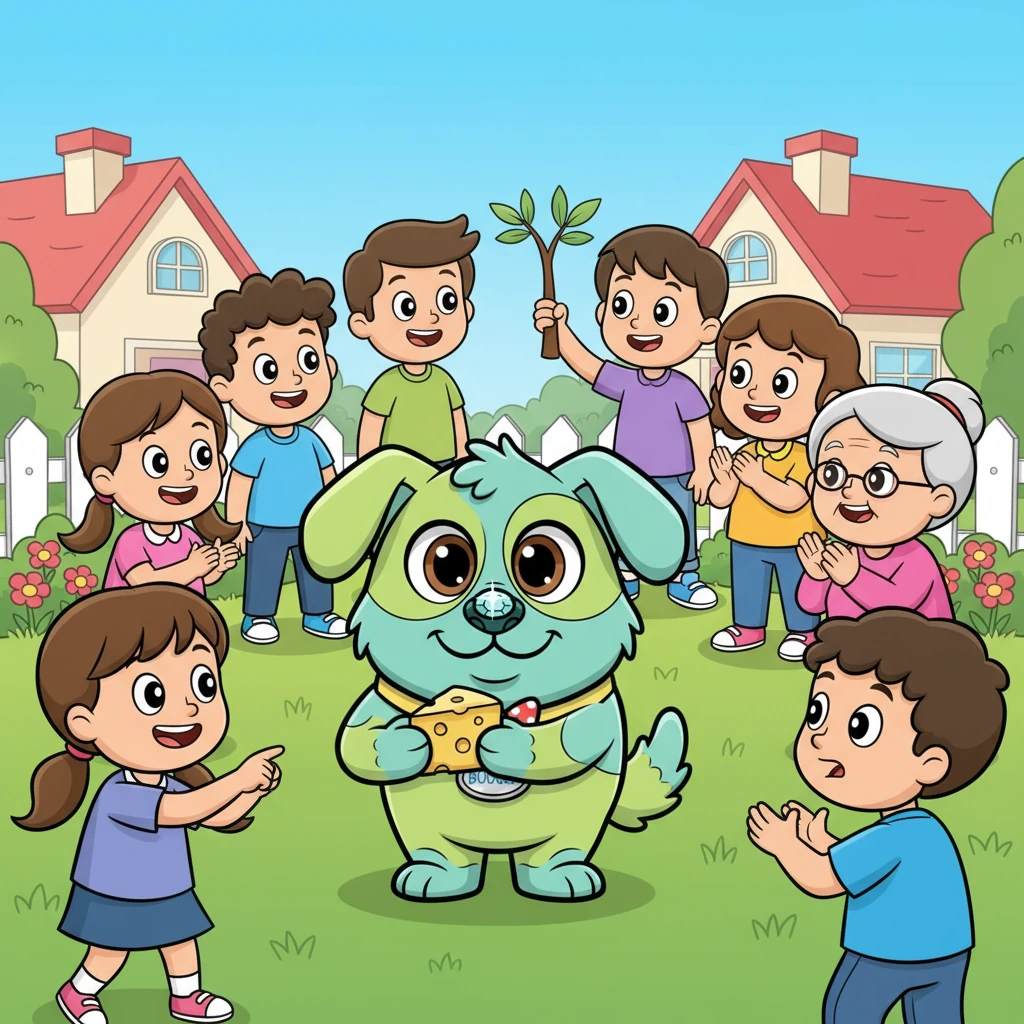 News of the talking puppy spread like wildfire through the neighborhood. Soon, curious children and adults gathered, eager to test Piffle's amazing ability. Each correct answer, whether "woof" for a tree or "ruff" for a good day, earned him a delighted cheer and a cheesy reward.