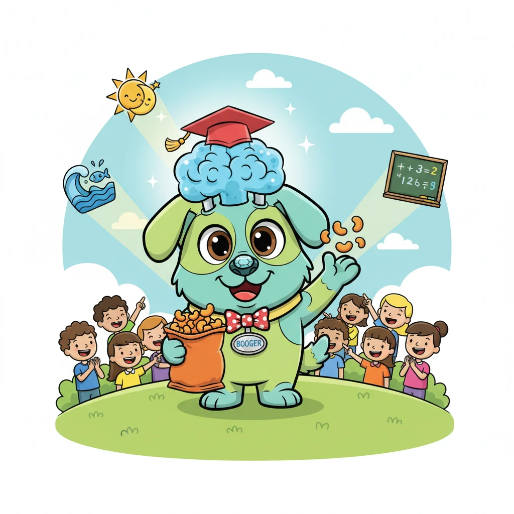 Piffle's brain was like a sponge, soaking up every word and fact. He could answer questions about the sky, the sea, and even simple math problems. His fame grew, but his heart remained simple: he just wanted to make people happy and enjoy his beloved cheese puffs.