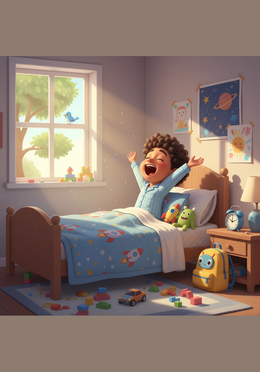 As the golden sun peeks through the window, Salim wakes up feeling refreshed and full of energy. He stretches his arms wide, excited for all the wonderful things the new day will bring.