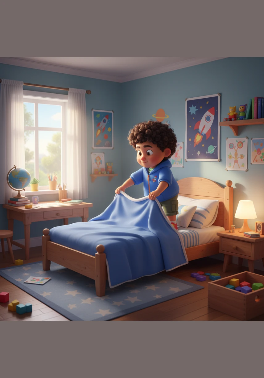 Salim carefully tucks in his blankets and straightens his pillows to make his bed look neat and tidy. He loves how cozy and beautiful his colorful bedroom feels when everything is in its place.