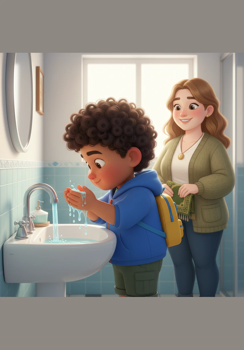 With a calm heart, Salim goes to the sink to perform wudu with cool, clear water. He prepares himself for prayer, feeling clean and peaceful in the quiet morning light.