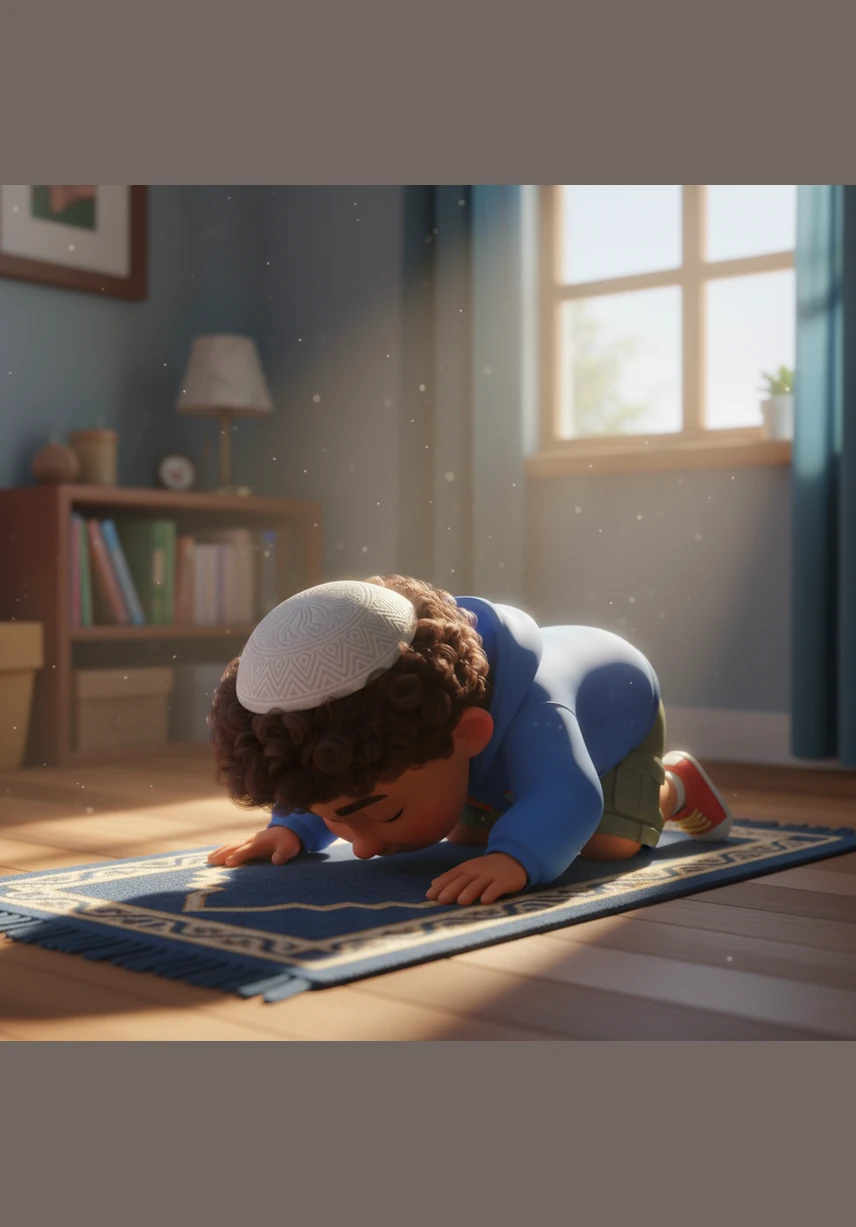 Salim stands on his soft prayer mat, bowing his head in quiet thanks for his family and his happy life. The room is filled with a gentle spiritual glow as he prays with focus and sincerity.