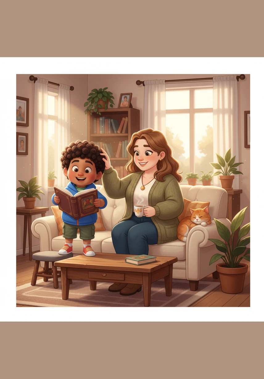 Salim helps his mother by tidying up the living room, making sure every cushion is in the right spot. His mother gives him a proud smile, happy to have such a helpful and caring son.