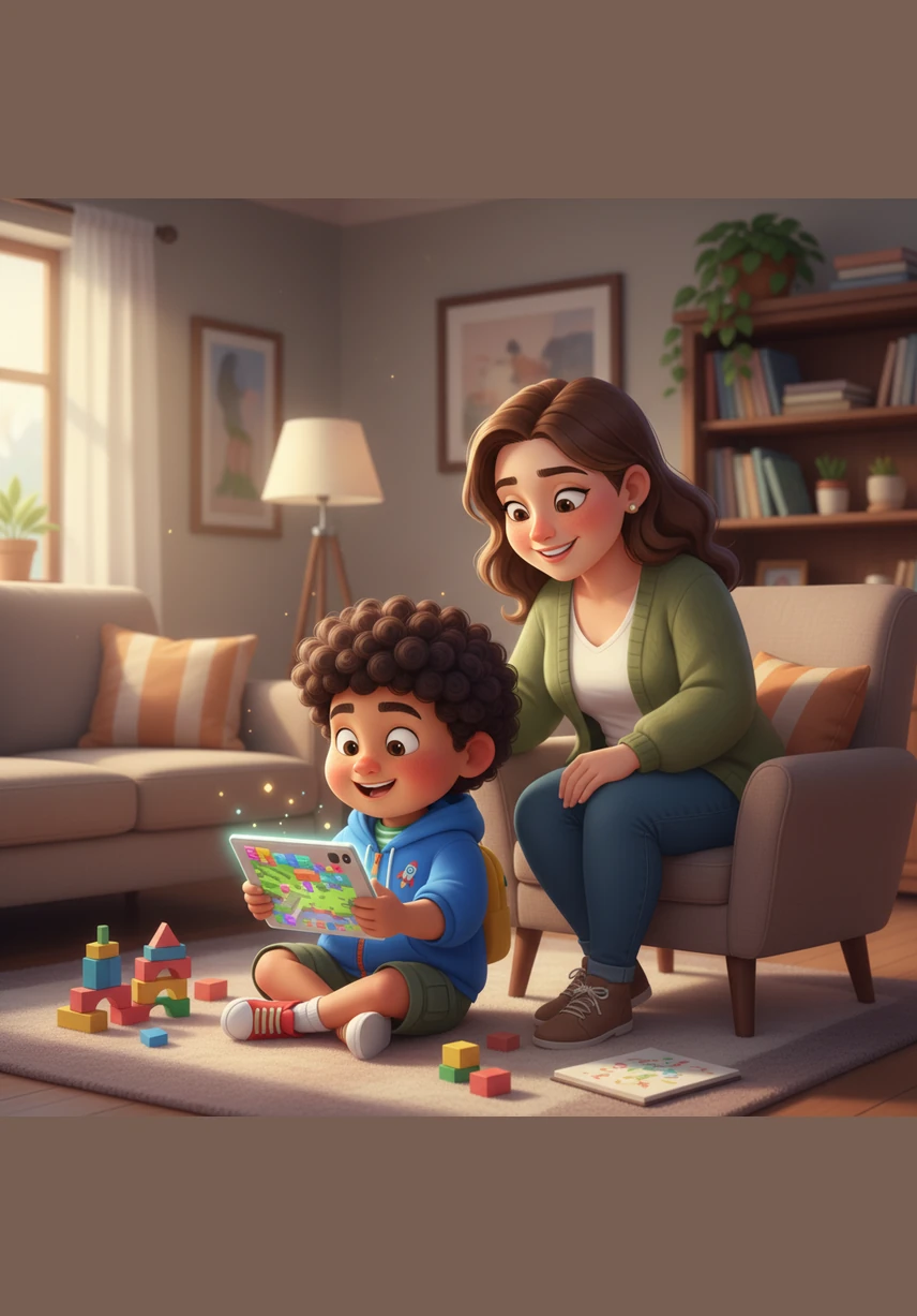 After finishing all his chores and homework, Salim enjoys some fun time playing a creative game on his tablet. He smiles as he builds colorful worlds and explores new digital adventures.