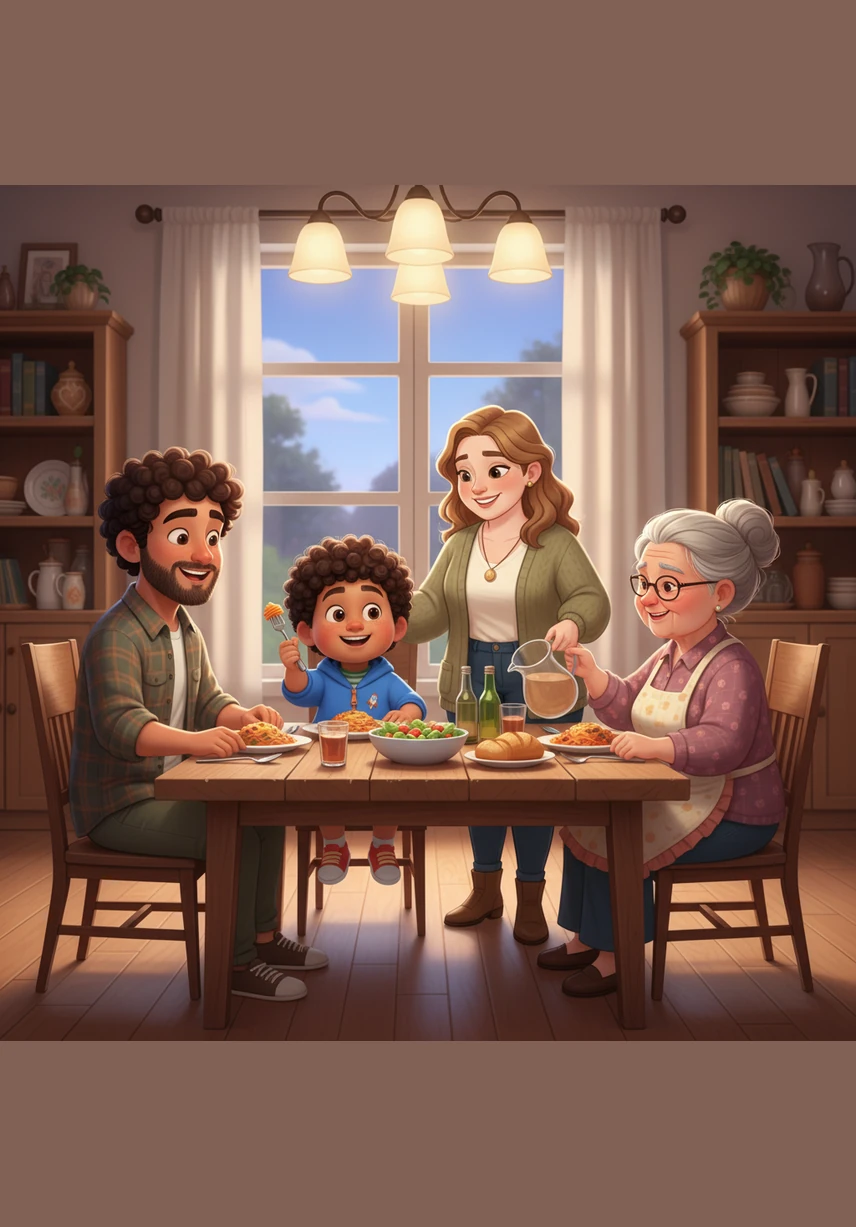 Salim sits with his family at the dinner table, sharing a delicious meal and many happy stories. The house is filled with warmth and laughter as they enjoy their time together.