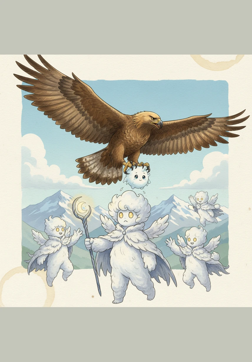 His friends, a group of adventurous clouds, called down to him from the bright upper atmosphere, their shapes glowing in the sunlight. They performed somersaults in the wind, inviting Cirrus to join their dance in the wide-open sky.