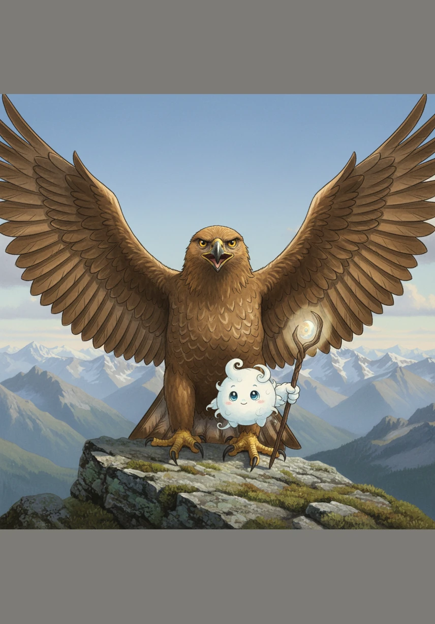 A majestic golden eagle with wide, powerful wings landed on a nearby crag to rest and talk to the trembling cloud. The eagle spoke of the magnificent sights hidden above the peaks, where the air is thin and the world looks like a patchwork quilt of colors.