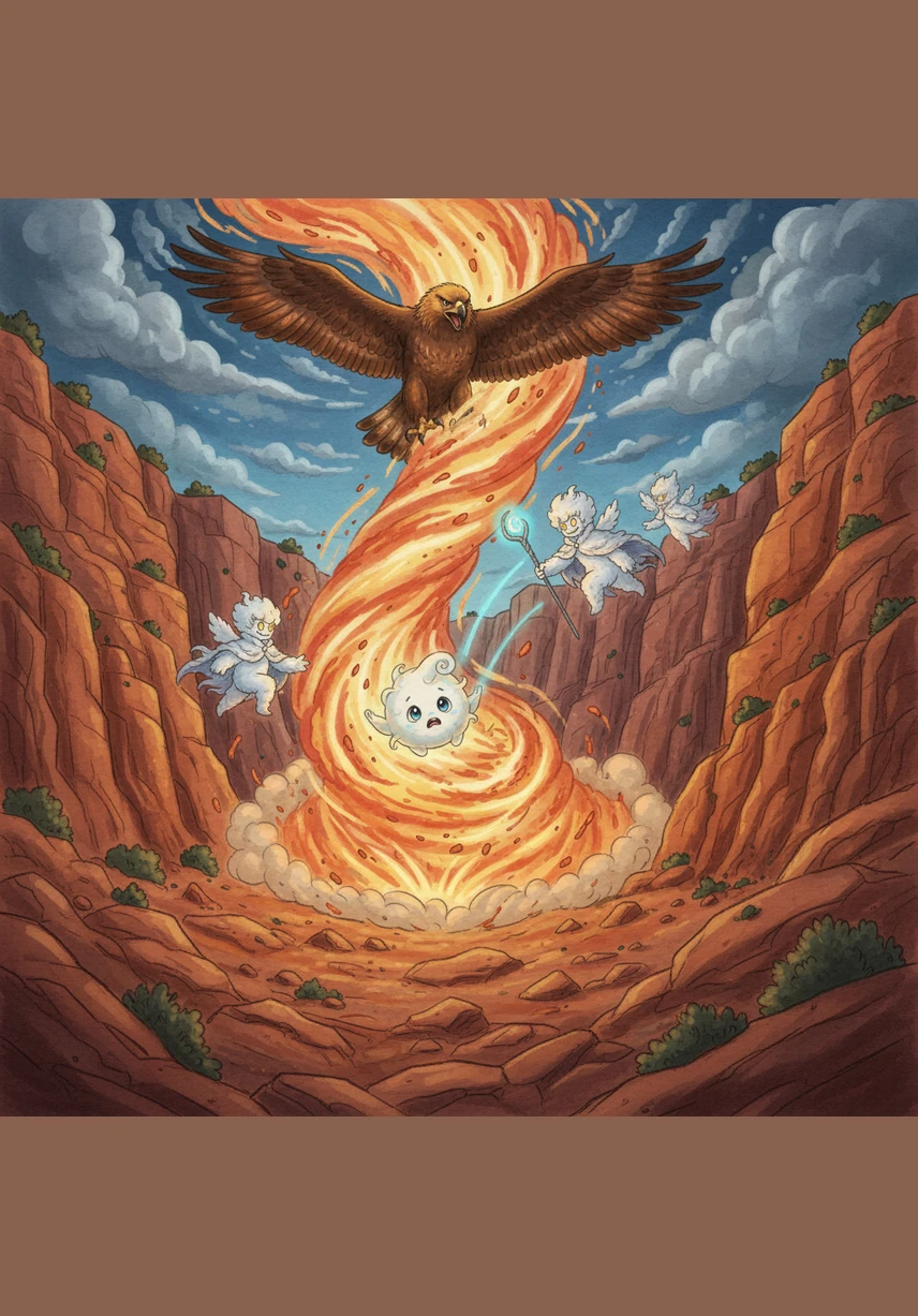 Suddenly, a warm updraft swept through the canyon, lifting the flowers and tugging at Cirrus’s light, vaporous body. Panicked, Cirrus wrapped his misty arms around the sturdy trunk of an ancient pine tree, refusing to let the wind carry him away.