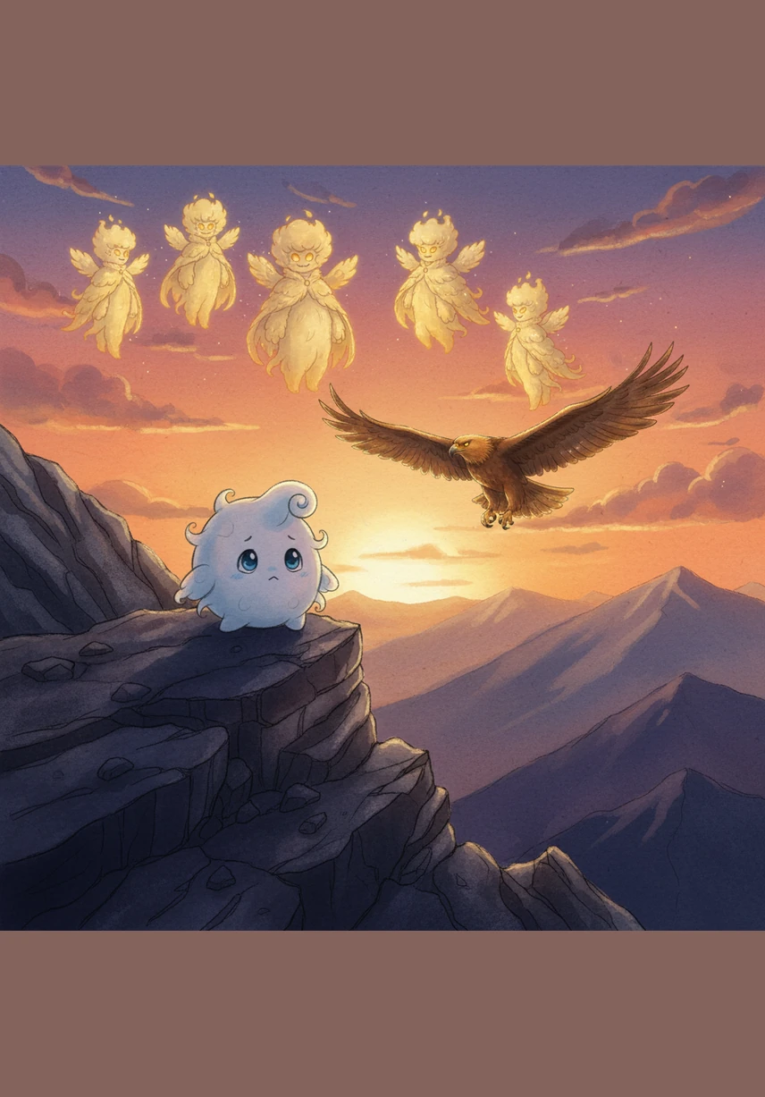 As the sun began to set, the mountain shadows grew long and cold, leaving Cirrus alone in the dark while his friends sparkled like gold high above. He watched them drift through the sunset, realizing that his fear was keeping him from the warmth and beauty they shared.