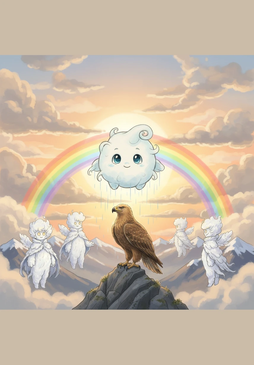 A soft rain began to fall from his edges just as the setting sun hit his mist at the perfect angle. To his amazement, a brilliant arc of red, orange, and violet erupted from his very center, stretching across the entire sky.