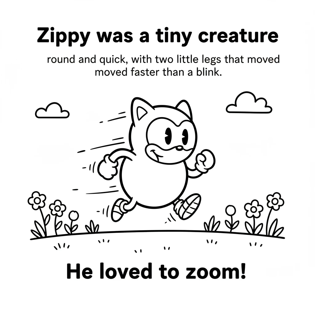 Zippy was a tiny creature, round and quick, with two little legs that moved faster than a blink. He loved to zoom through the meadow, a happy blur of