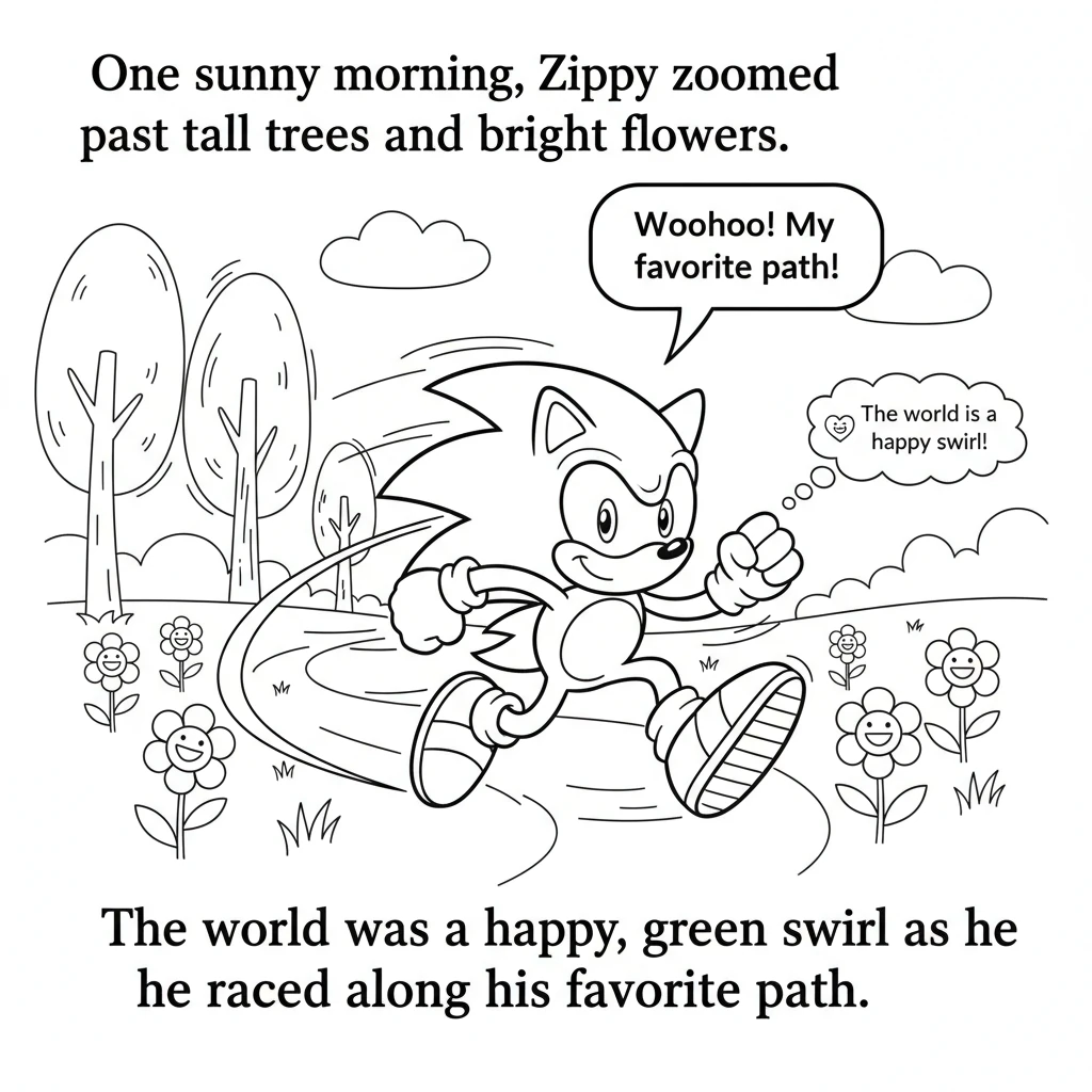 One sunny morning, Zippy zoomed past tall trees and bright flowers. The world was a happy, green swirl as he raced along his favorite path.