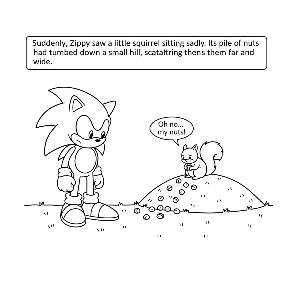 Suddenly, Zippy saw a little squirrel sitting sadly. Its pile of nuts had tumbled down a small hill, scattering them far and wide.