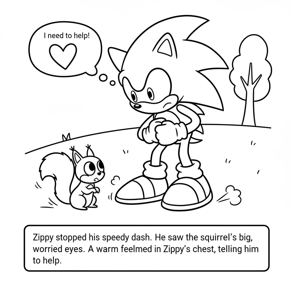 Zippy stopped his speedy dash. He saw the squirrel's big, worried eyes. A warm feeling bloomed in Zippy's chest, telling him he needed to help.
