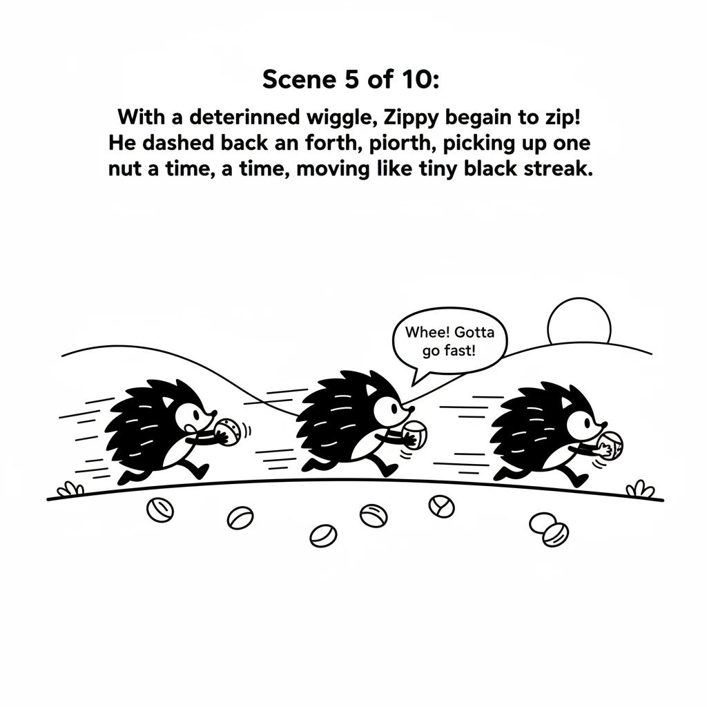 With a determined wiggle, Zippy began to zip! He dashed back and forth, picking up one nut at a time, moving like a tiny black streak.