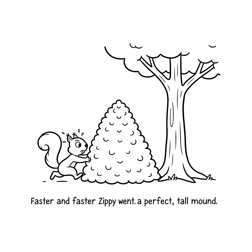 Faster and faster Zippy went, gathering all the runaway nuts. He piled them neatly back at the base of the tree, a perfect, tall mound.
