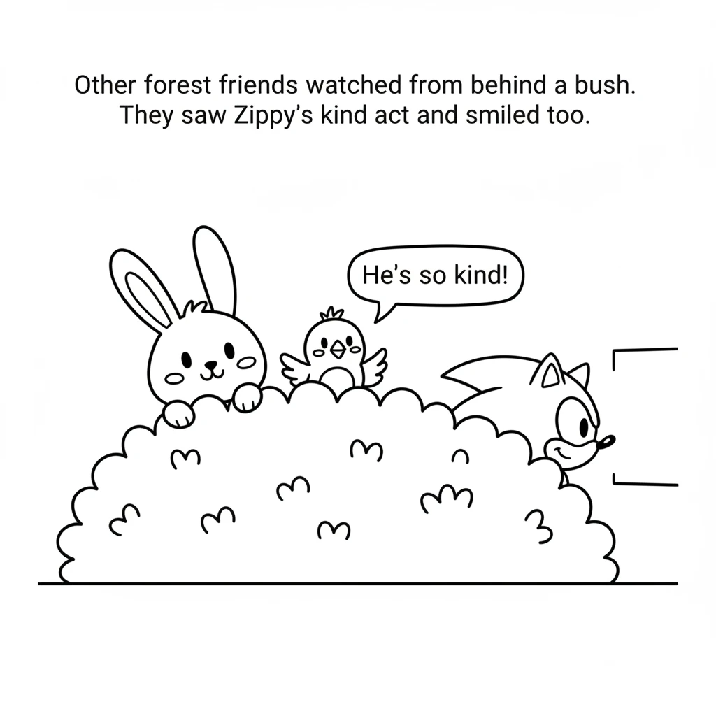 Other forest friends, a little bird and a shy rabbit, watched from behind a bush. They saw Zippy's kind act and smiled too.