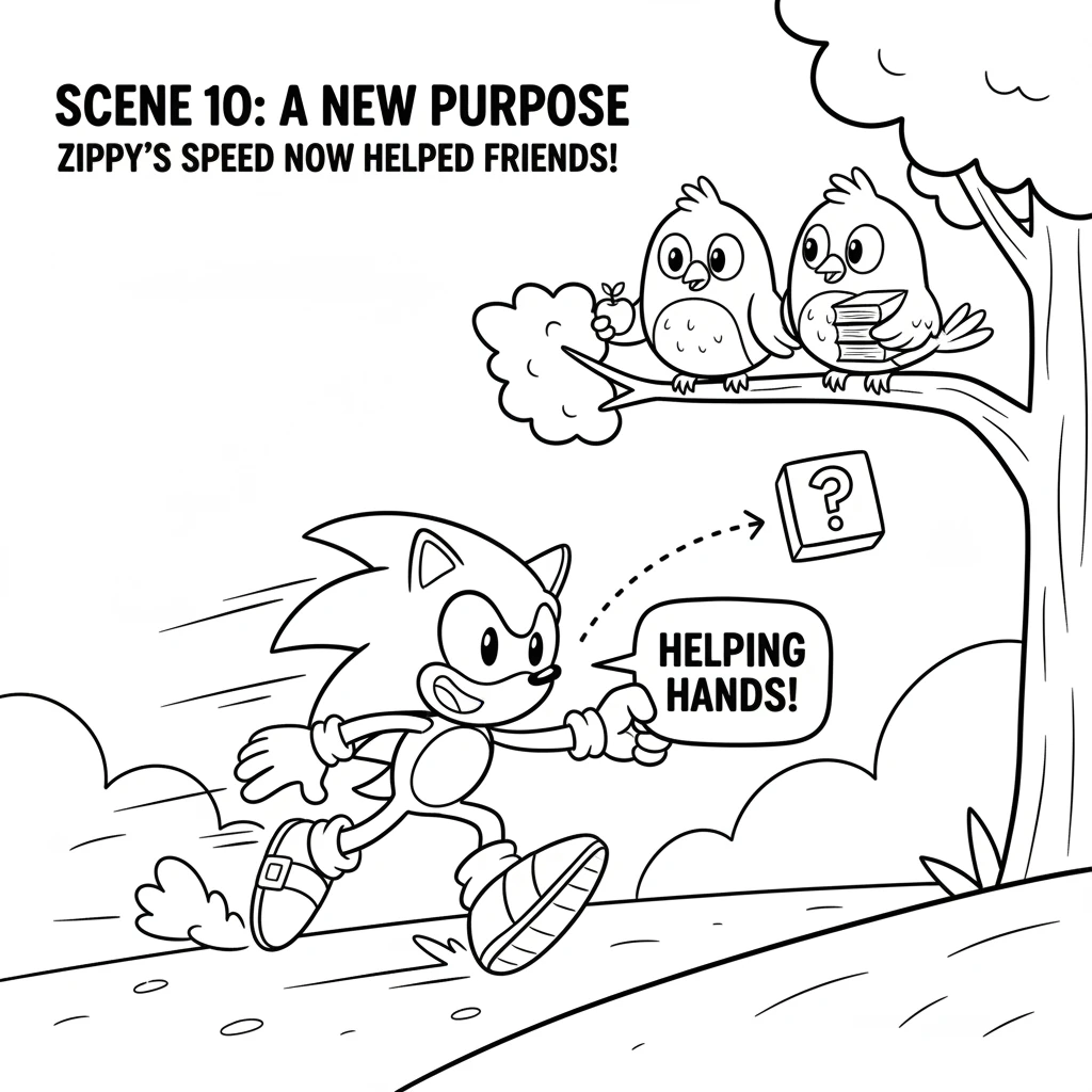 With a joyful heart, Zippy zoomed on, but now with a new purpose. His speed wasn't just for fun; it was also for helping friends, one kind dash at a t