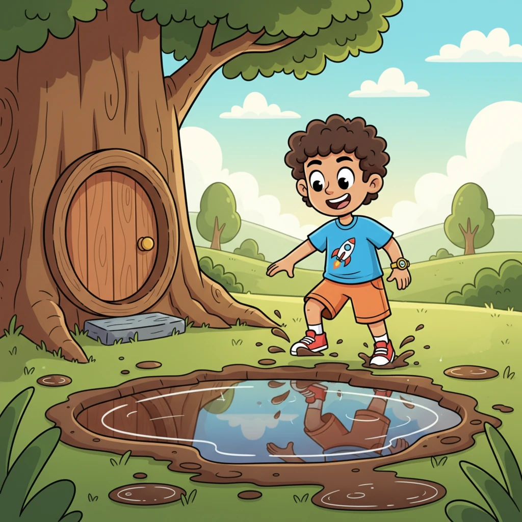 Tiptoeing out his tiny door, Pip spotted it—a magnificent, gleaming mud puddle, fresh from a morning rain shower. It shimmered invitingly, promising squishy delights and endless possibilities for fun. A mischievous grin spread across his face.