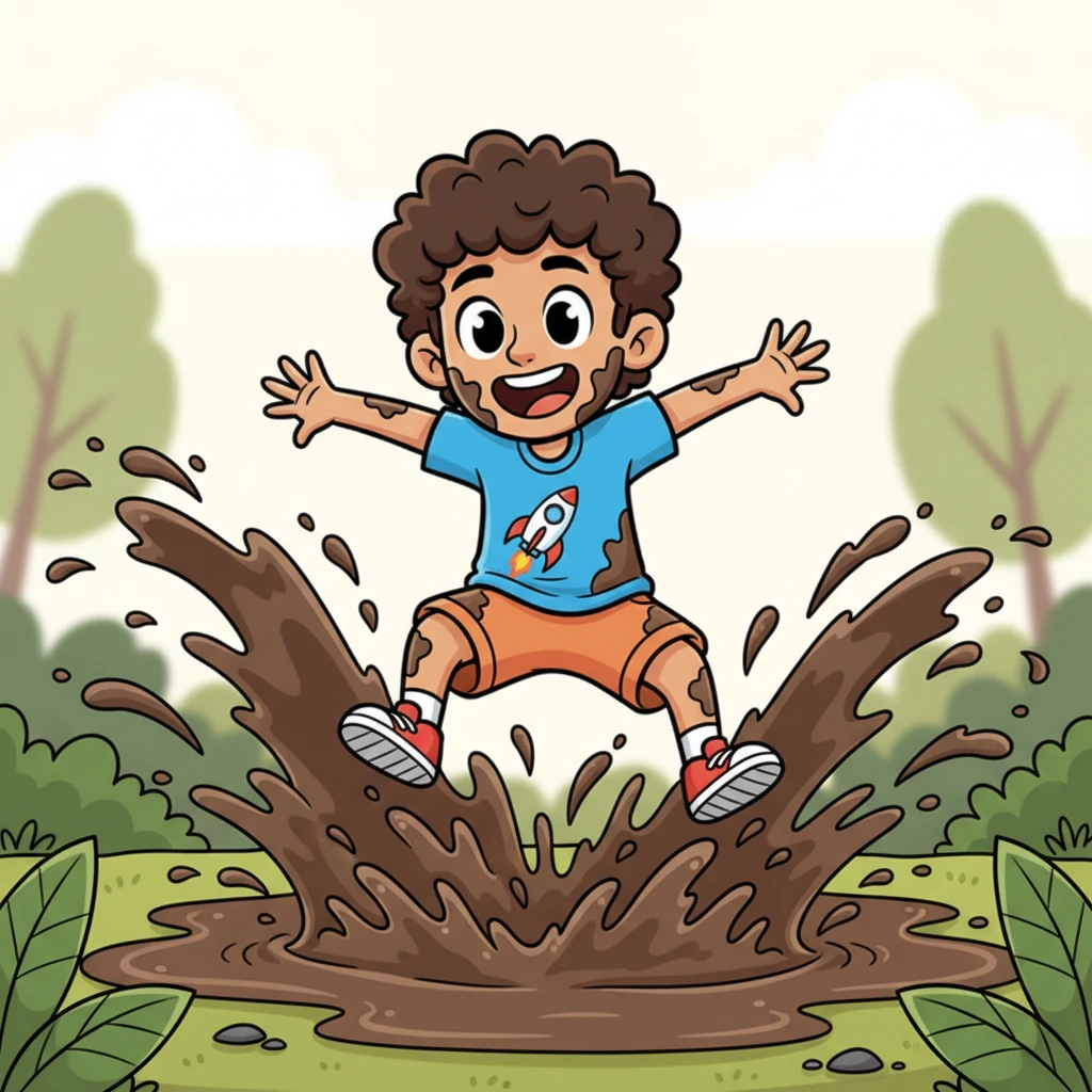 With an excited leap, Pip cannonballed into the puddle's very center! Mud flew upwards in playful arcs, decorating the surrounding leaves and painting his fur a rich, earthy brown. He giggled, feeling the cool, soft mud between his toes.