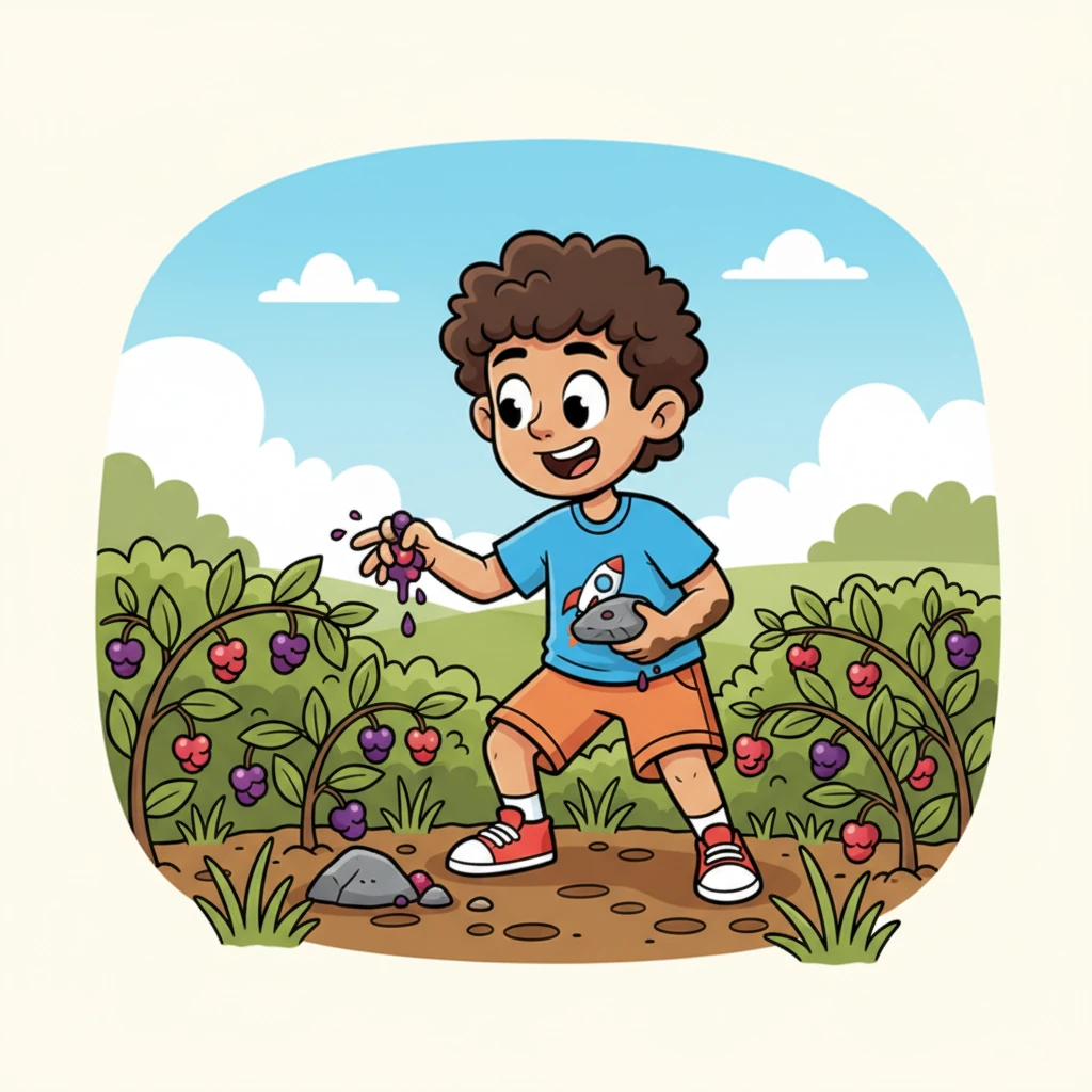 His adventure continued as he stumbled upon a patch of plump, juicy berry bushes. He thought, "What a perfect opportunity for a splash of vibrant, sticky color!" A new idea for his muddy canvas sparked in his mind.
