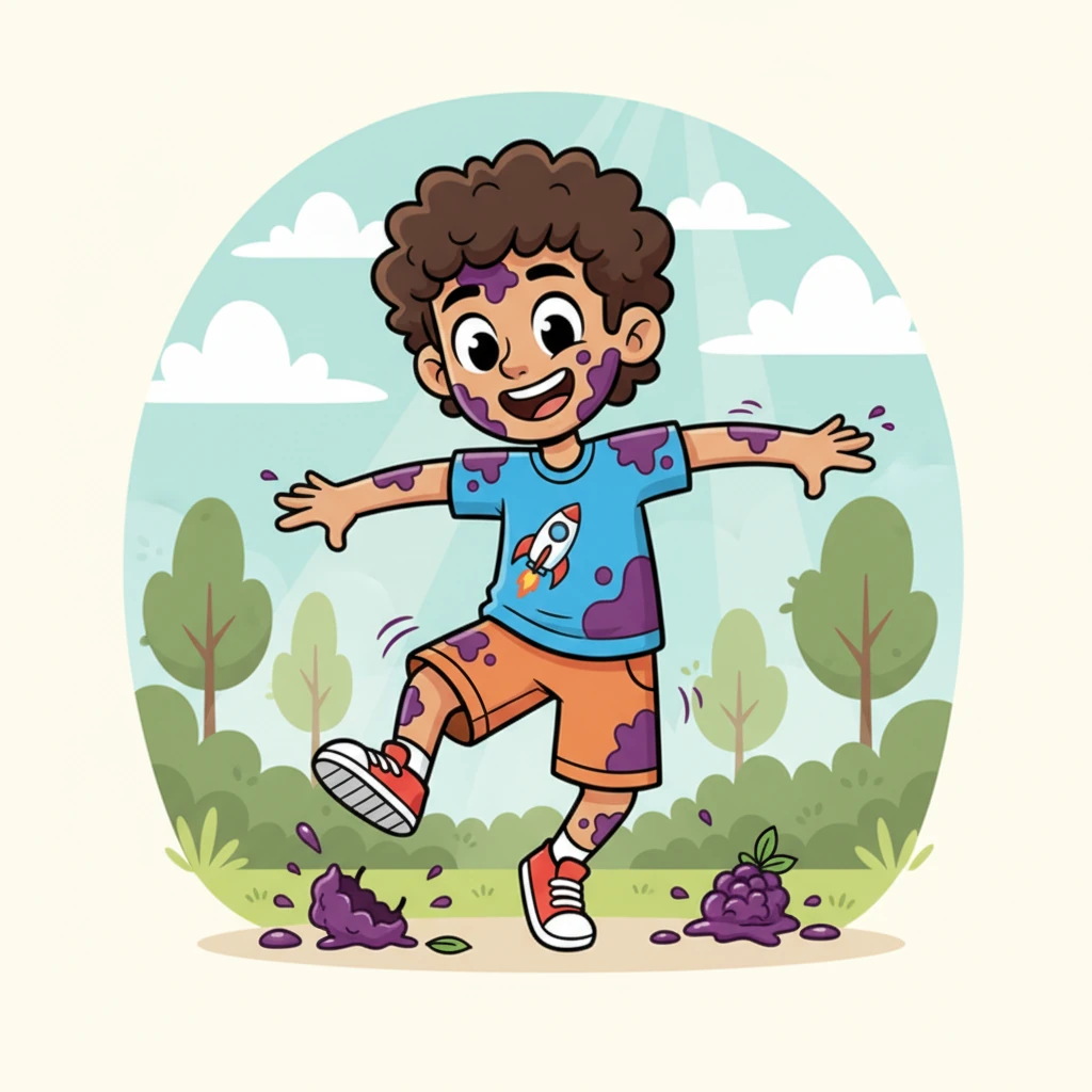 Pip gleefully squished the ripe berries, painting bright purple stripes and polka dots over his already muddy fur. He twirled around, admiring his new, colorful outfit. He was a walking, talking work of art!