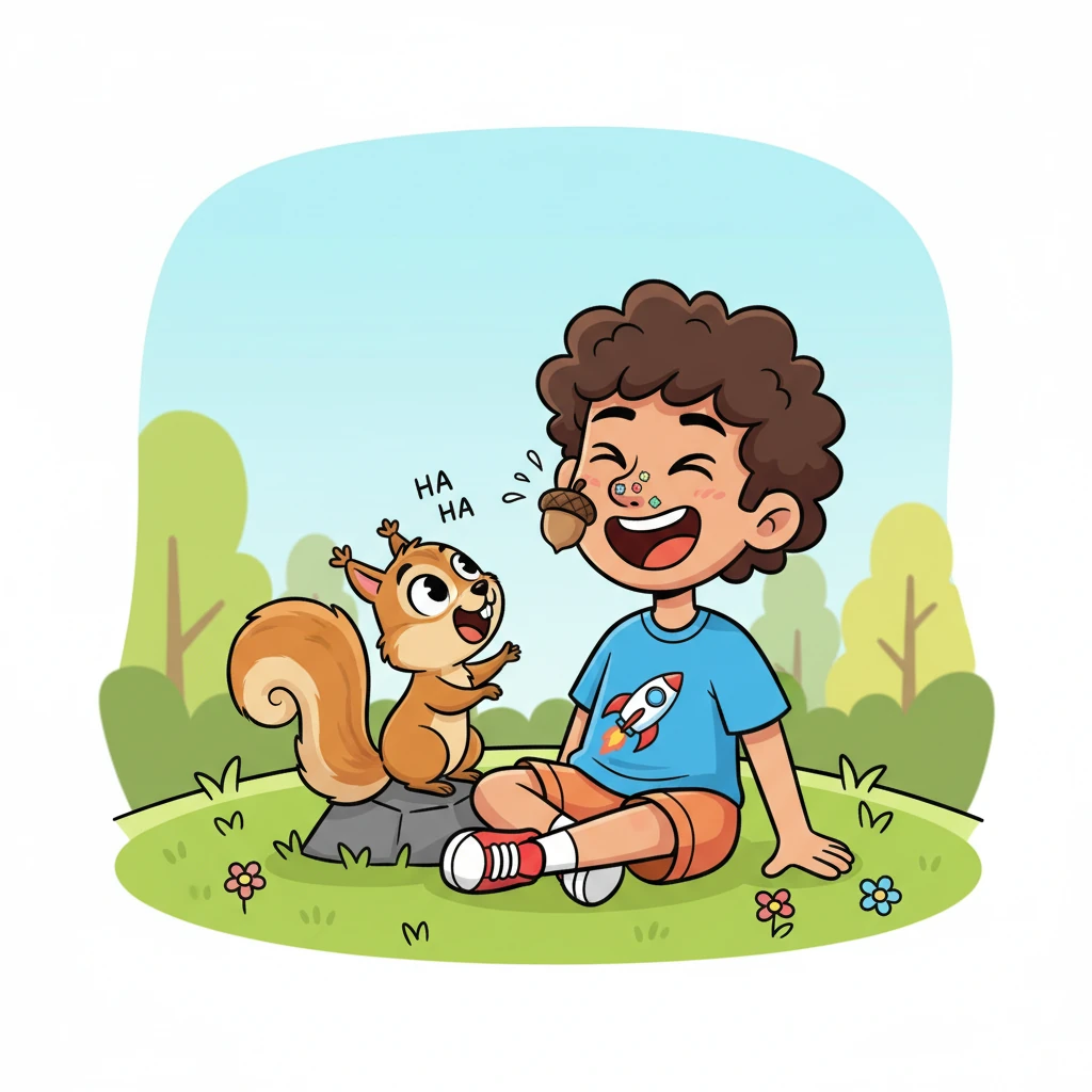 A curious little squirrel, initially surprised by Pip's vibrant appearance, soon joined in the fun. It playfully flicked a tiny acorn cap, which bounced off Pip's already decorated nose, making them both burst into laughter.