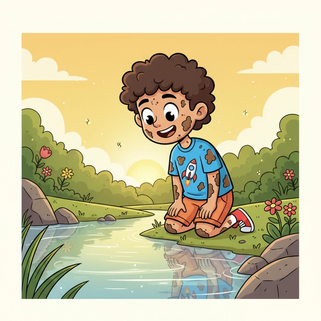 As the golden sun began its slow descent, Pip found a calm stream, admiring his reflection. He saw not just a messy creature, but a happy adventurer, covered in the joyful evidence of a day well spent. Every speck told a story.