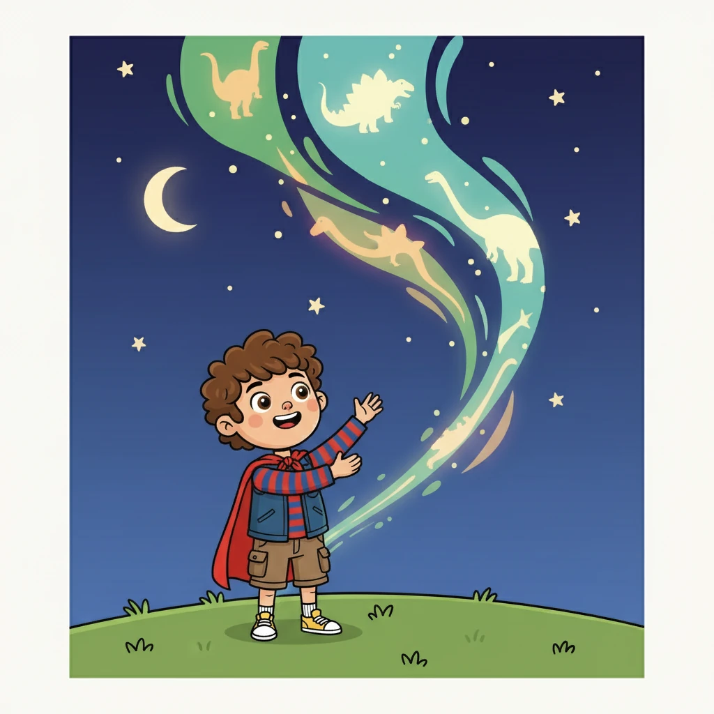 Kojo, un garçon de six ans, rêvait souvent de dinosaures et d'histoires africaines. Un soir, alors qu'il regardait les étoiles, il sentit une étrange chaleur l'envahir. Des formes lumineuses dansèrent dans le ciel, semblant l'appeler.