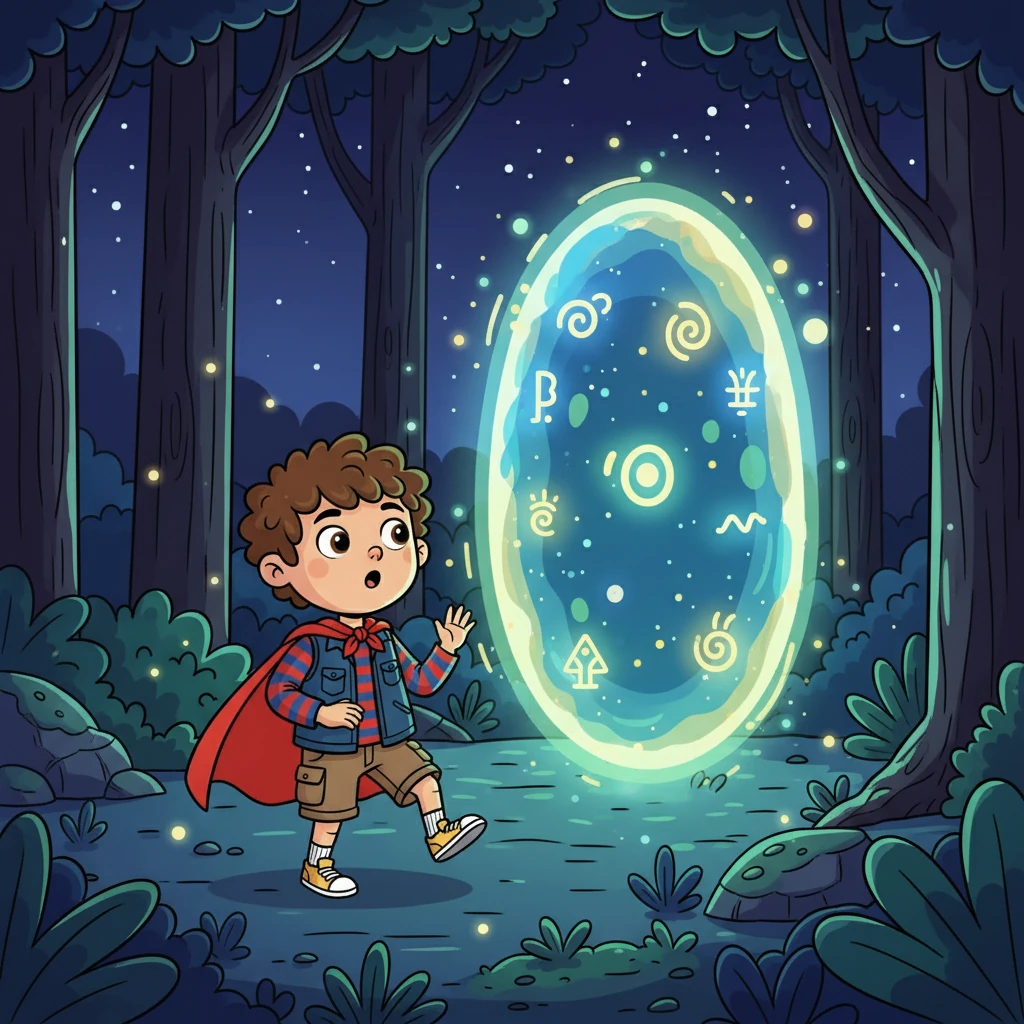 Il suivit ces lumières jusqu'à une clairière secrète dans la forêt près de chez lui. Là, brillait un portail scintillant, orné de symboles ancestraux. Il hésita un instant, puis, son cœur battant, il s'avança.