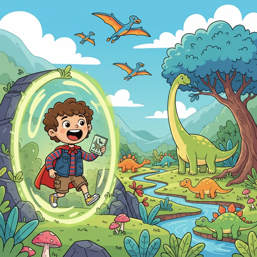 Le portail s'ouvrit sur un paysage incroyable : une vallée verdoyante peuplée de dinosaures aux couleurs vives. Un Brachiosaure majestueux se nourrissait paisiblement, tandis que des Ptéranodons survolaient le ciel.