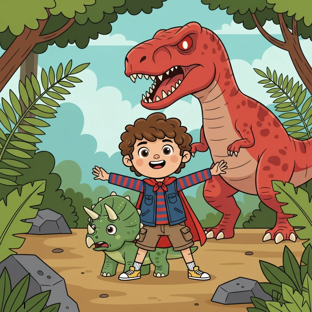 Soudain, un jeune Tricératops, effrayé, se cacha derrière Kojo. Un méchant Carnotaurus, avec des yeux rouges perçants, apparut, prêt à attaquer. Kojo comprit qu'il devait protéger son nouvel ami.