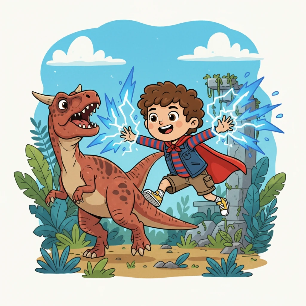 Inspiré par les contes de sa grand-mère, Kojo sentit une force nouvelle l'envahir. Des éclairs bleus jaillirent de ses mains, repoussant le Carnotaurus. Il découvrit qu'il avait hérité des pouvoirs de ses ancêtres.