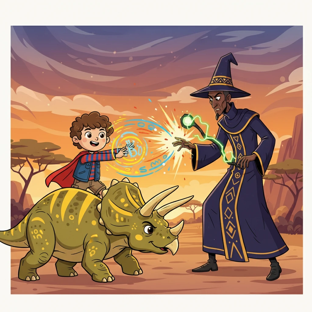 Avec l'aide du Tricératops et de ses nouveaux pouvoirs, Kojo affronta le sorcier. Un combat épique commença, mêlant magie africaine et force brute des dinosaures.