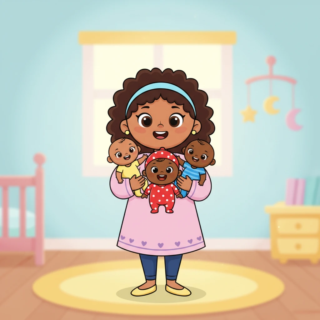 Mama Grace beams, cuddling three tiny, cooing babies wrapped in colorful blankets. Their exaggeratedly round eyes peek out, full of wonder. The room is soft with pastel colors and gentle light, filled with a warm glow.
