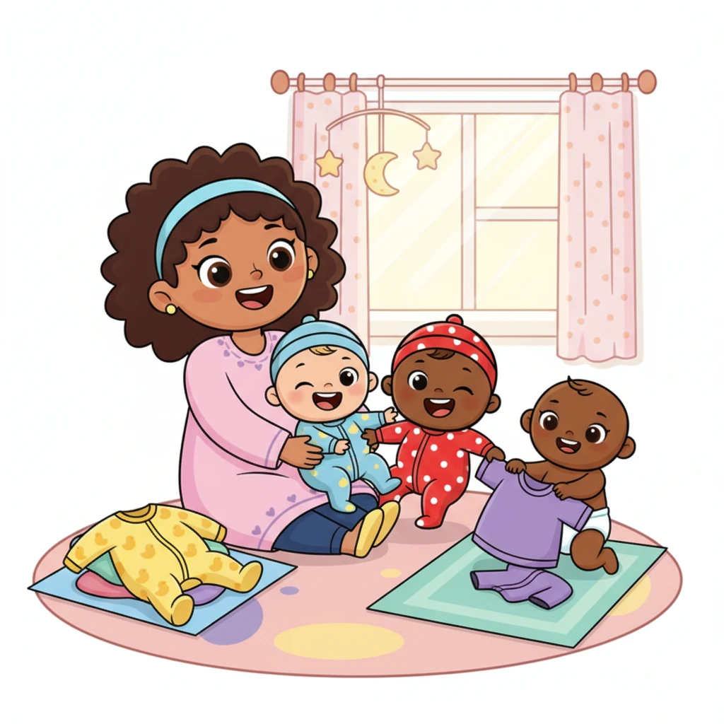 With a playful giggle, Mama Grace dresses her three squirmy toddlers in bright, mismatched outfits. Each baby has a huge, joyful smile as she tickles their tummies. The clothes are cartoonishly oversized, adding to the fun of their morning routine.